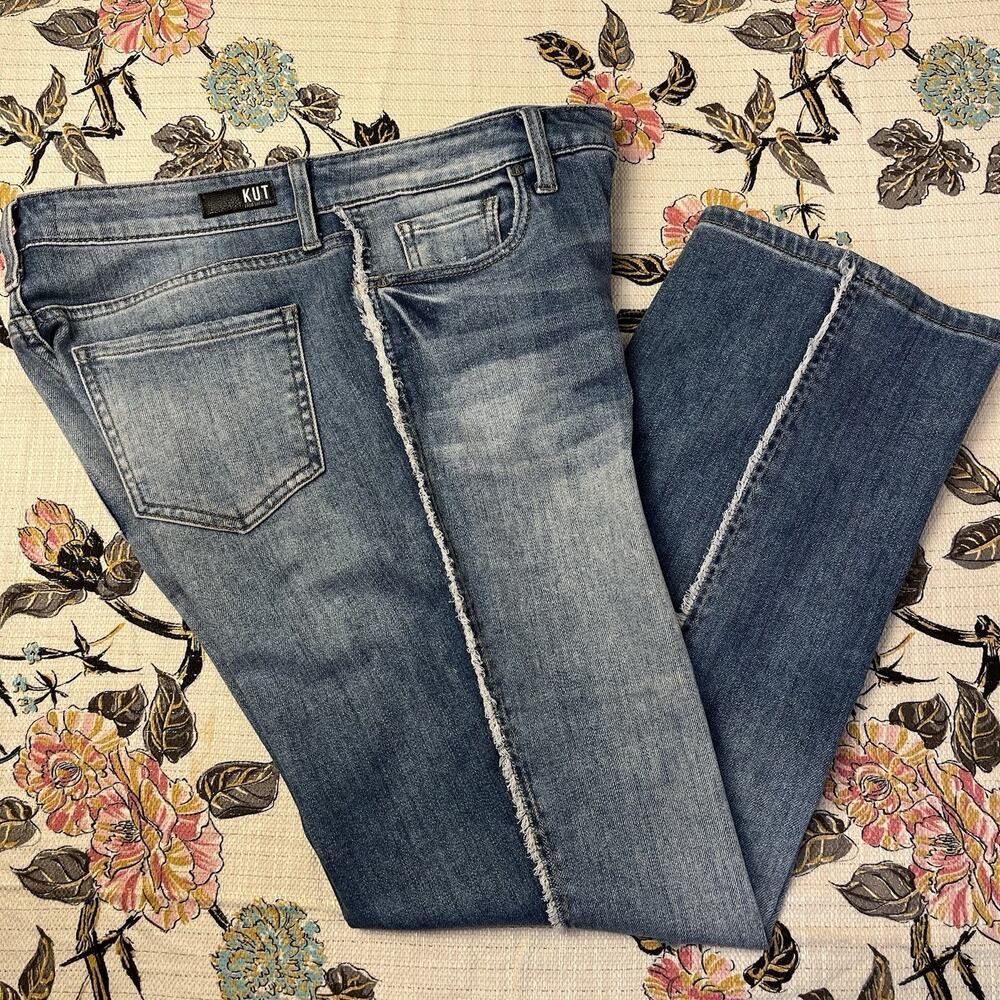 Kut from the Kloth 10 Kelsey Ankle Flare Freyed Raw Hem Sides Jeans Blue Denim